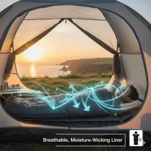 Technical illustration showing a breathable camping sleeping bag liner wicking moisture away from the skin.