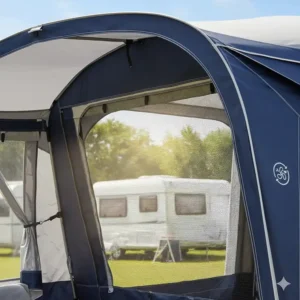 Illustration of mesh ventilation panels to reduce condensation in a caravan porch awning.