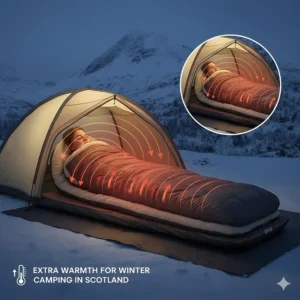 Diagram showing how a thermal sleeping bag liner adds extra warmth for winter camping in Scotland.