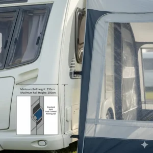Diagram showing how the porch awning fits a standard UK touring caravan awning rail height.