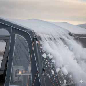 Illustration of a steeply sloped awning roof design allowing snow to slide off easily during a British winter.