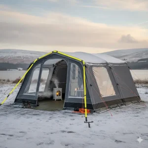 High-visibility storm straps securely tensioned over a winter awning to provide extra security during seasonal gales.