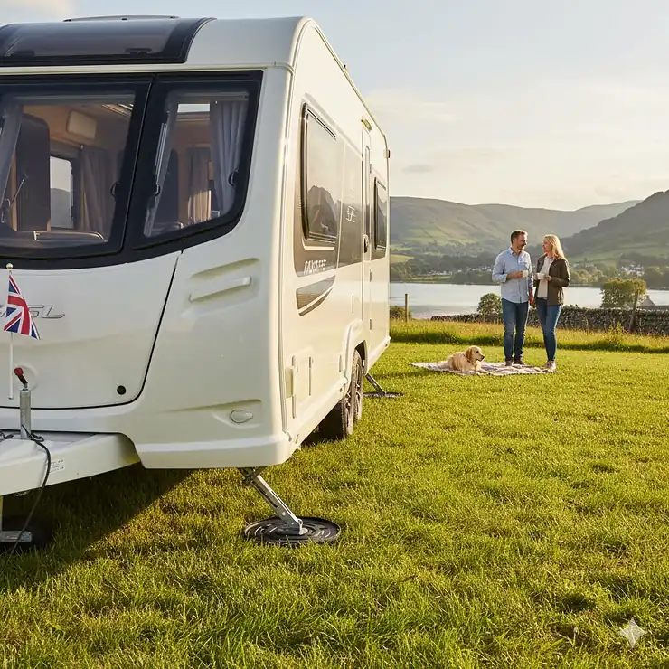 A large touring caravan parked on a sloped grassy pitch, showing corner steadies deployed onto stabiliser pads for extra grip on uneven ground. caravan corner steadies stabiliser for uneven ground