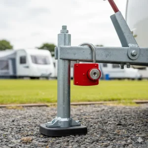 A red security padlock fitted to a caravan corner steady assembly to prevent theft while parked on a campsite.