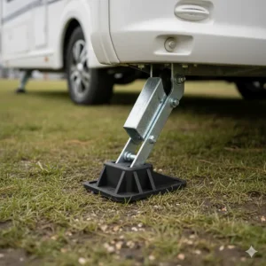 Reinforced black plastic stabiliser feet attached to caravan steadies to prevent sinking into soft or uneven ground.