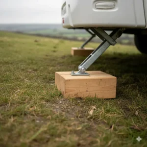 Traditional wooden spreader blocks used underneath caravan corner steadies for added height and stability on a steep slope.