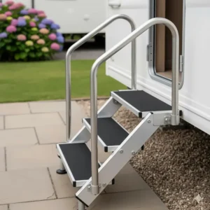 Close-up of sturdy, ergonomic handrails on aluminium caravan steps providing extra support for seniors.
