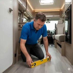 A motorhome owner using a spirit level on the floor of a coachbuilt interior to check the effectiveness of the ramps.