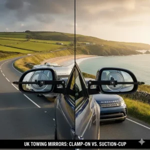 A comparison of different types of towing mirrors suitable for large SUVs, including professional clamp-on designs and suction-cup models.