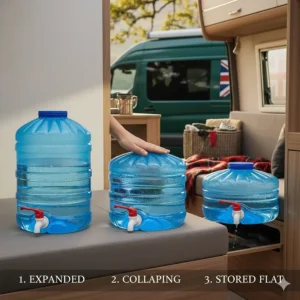 Illustration showing how the 40 litre water carrier folds flat to save space in a caravan or campervan.