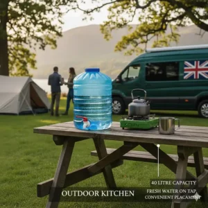A 40 litre collapsible water container with tap positioned on a wooden picnic table for an outdoor camping kitchen.