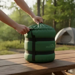 A lightweight mummy camping sleeping bag packed tightly into a compression sack for hiking.