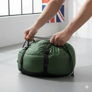 A synthetic camping sleeping bag being compressed into a small stuff sack for easy hiking and wild camping.