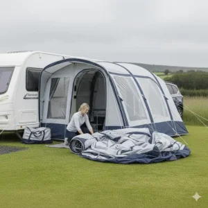 A solo camper quickly rolling up a deflated air awning for storage after a weekend trip.