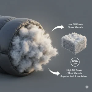 Technical diagram explaining the loft and insulation properties of a high-fill power down camping sleeping bag.