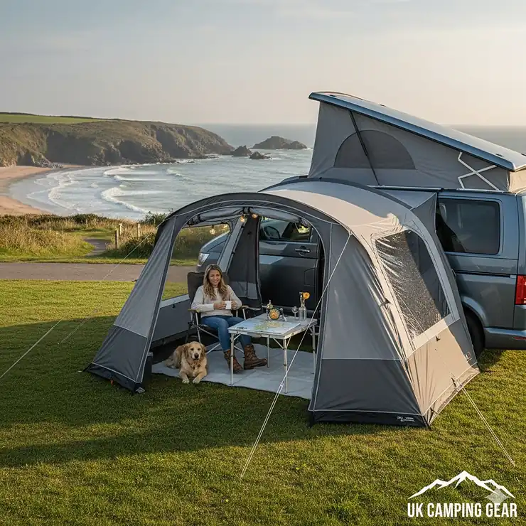 A premium drive away awning attached to a Volkswagen T6 campervan at a British seaside campsite. drive away awning for vw t6 campervan