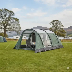 A standing drive-away motorhome awning pitched on a grassy UK campsite after the motorhome has been driven away for a day trip.