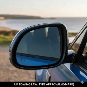 A close-up shot of the E-mark stamp on a towing mirror, indicating it is type-approved and meets British and European safety standards.