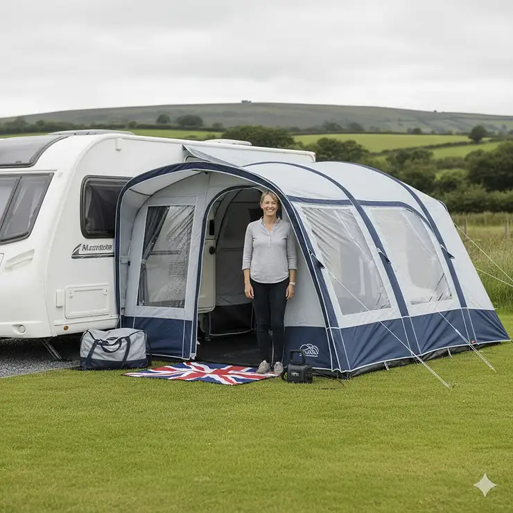 A solo caravanner standing proudly next to a fully pitched inflatable caravan awning on a UK campsite, demonstrating how easy it is for one person to set up. easiest inflatable caravan awning to put up alone