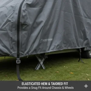 Illustration of the elasticated hem providing a tailored fit around the caravan chassis and wheels.