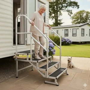 An elderly person safely entering a caravan using stable aluminium steps with a double-step design.