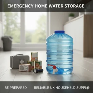 A 40 litre fresh water container with tap used for emergency household water storage and reliability in the UK.