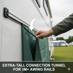 A close-up of a person connecting the extra-tall connection tunnel of a green awning to a high awning rail on a coachbuilt motorhome.