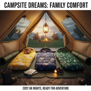 A picturesque UK campsite scene with a child tucked into their sleeping bag, featuring a campfire and rolling hills in the background.