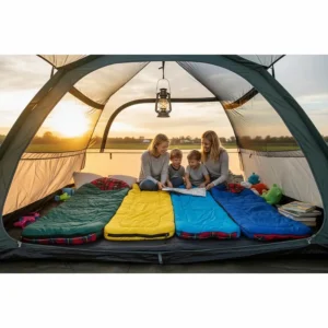 Illustration of a family tent interior featuring several colourful rectangular camping sleeping bags for kids and adults.