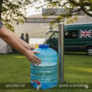 Illustration of the wide neck opening for easy filling of the 40 litre fresh water bag at a campsite tap.