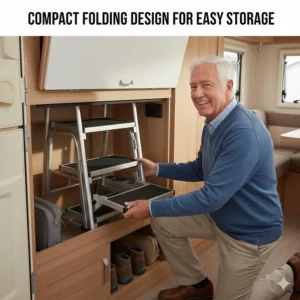 Compact, folding aluminium steps being stored neatly inside a caravan locker to save space.