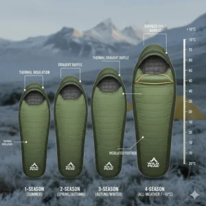 A diagram explaining the 4-season rating of a mummy sleeping bag suitable for British winter weather.
