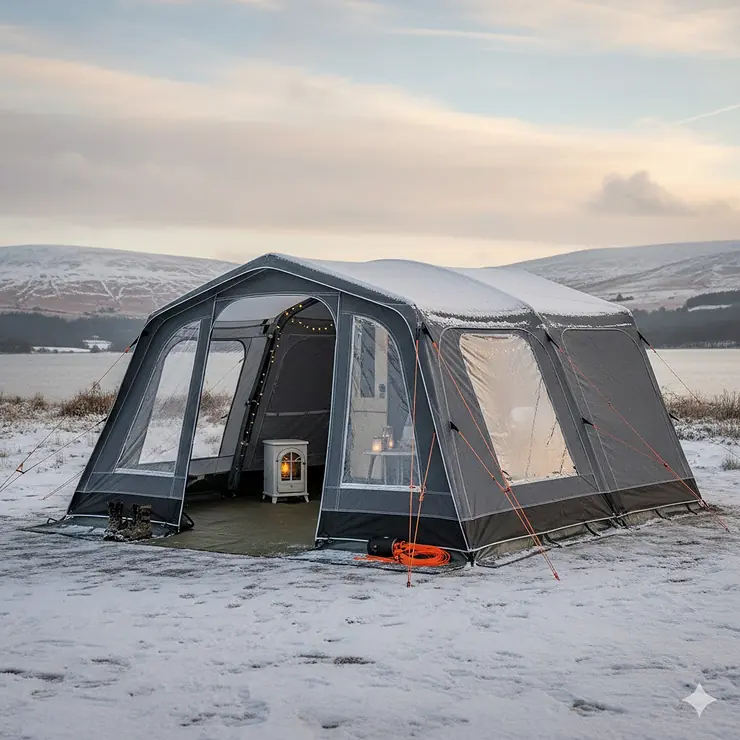 A full caravan awning for winter camping pitched on a snowy pitch in the Lake District, showing a heavy-duty PVC roof and reinforced poles. full caravan awning for winter camping