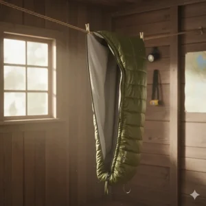 Illustration showing the integrated hanging loops for drying and storing a mummy camping sleeping bag.