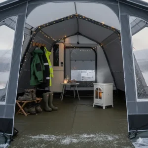 Interior of a full winter awning set up as a mudroom with a boot rack, coat hooks, and a safe electric heater.