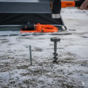 Comparison of standard pegs versus heavy-duty rock pegs for securing a caravan awning in frozen winter ground.
