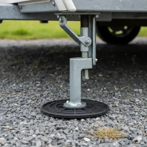 A close-up of a heavy-duty zinc-plated caravan corner steady lowered onto a grey gravel surface on a UK caravan site.