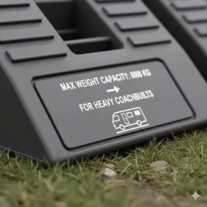 Close-up of levelling ramps showing a high weight capacity rating suitable for heavy coachbuilt motorhomes.