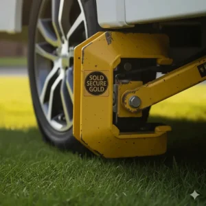 The thick, hardened steel construction of a caravan wheel clamp designed to resist cutting and grinding.