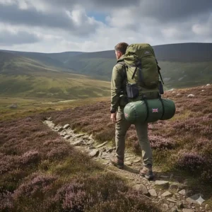 A hiker trekking through the Peak District with a synthetic camping sleeping bag securely fastened to their rucksack.