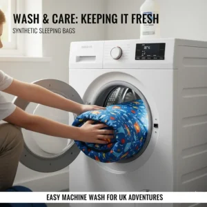 A clean, modern camping scene showing a synthetic kids' sleeping bag, ideal for easy cleaning after a muddy UK camping trip.