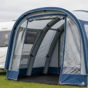 The air beams of a caravan awning expanding and supporting the weight of the fabric without assistance.