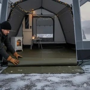A heavy-duty waterproof groundsheet being laid inside a full awning to prevent dampness and rising cold.