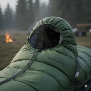 Close-up of an insulated hood with drawstrings on a mummy-style sleeping bag for extra warmth.