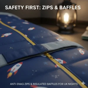 Detailed shot of a child's sleeping bag on a camping mat, showing the safety-focused zip construction and durable fabric.