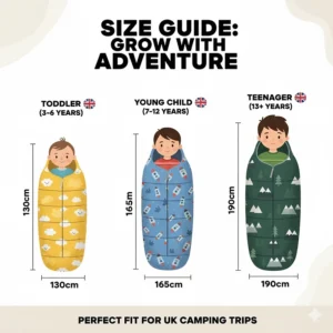 A realistic scale view of a child's sleeping bag positioned next to a torch and book, showing the proportions for young campers.