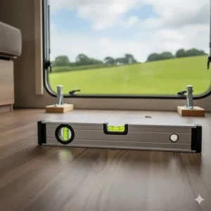 A silver spirit level placed on a caravan floor showing the importance of using steadies and blocks on uneven terrain.