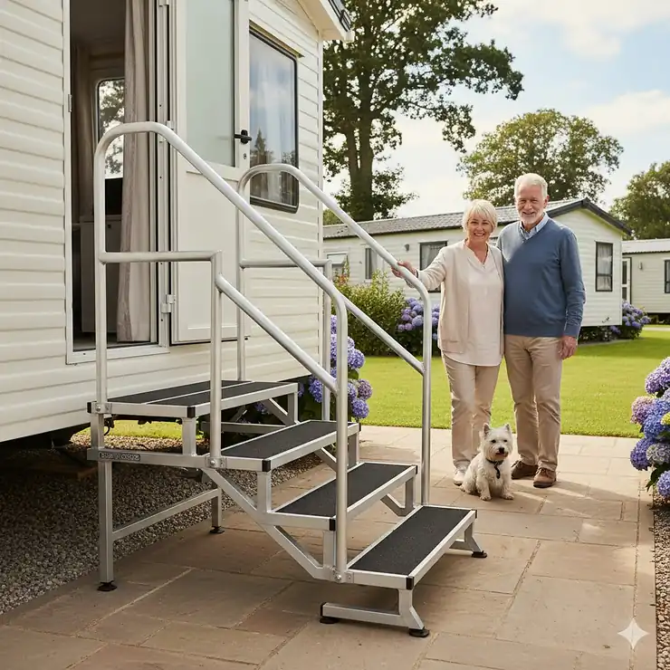 Lightweight double aluminium caravan steps with handrails and non-slip treads, positioned outside a static caravan in a UK holiday park. lightweight aluminium caravan steps for elderly users