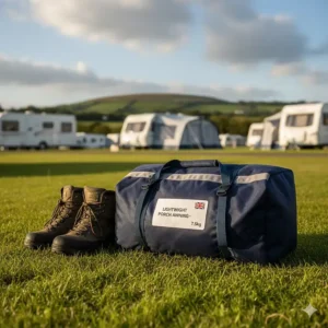 A compact carry bag showing the low weight of a porch awning for easy transport and storage.