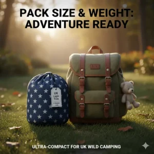 A cosy camping setup featuring a child's sleeping bag, a rucksack, and a camping lantern, perfect for family hiking trips in the UK.
